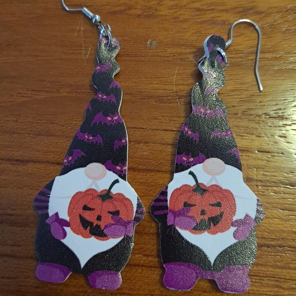Halloween Faux Leather Gnome Teardrop‎ Earrings New Not Worn Double-Sided Design